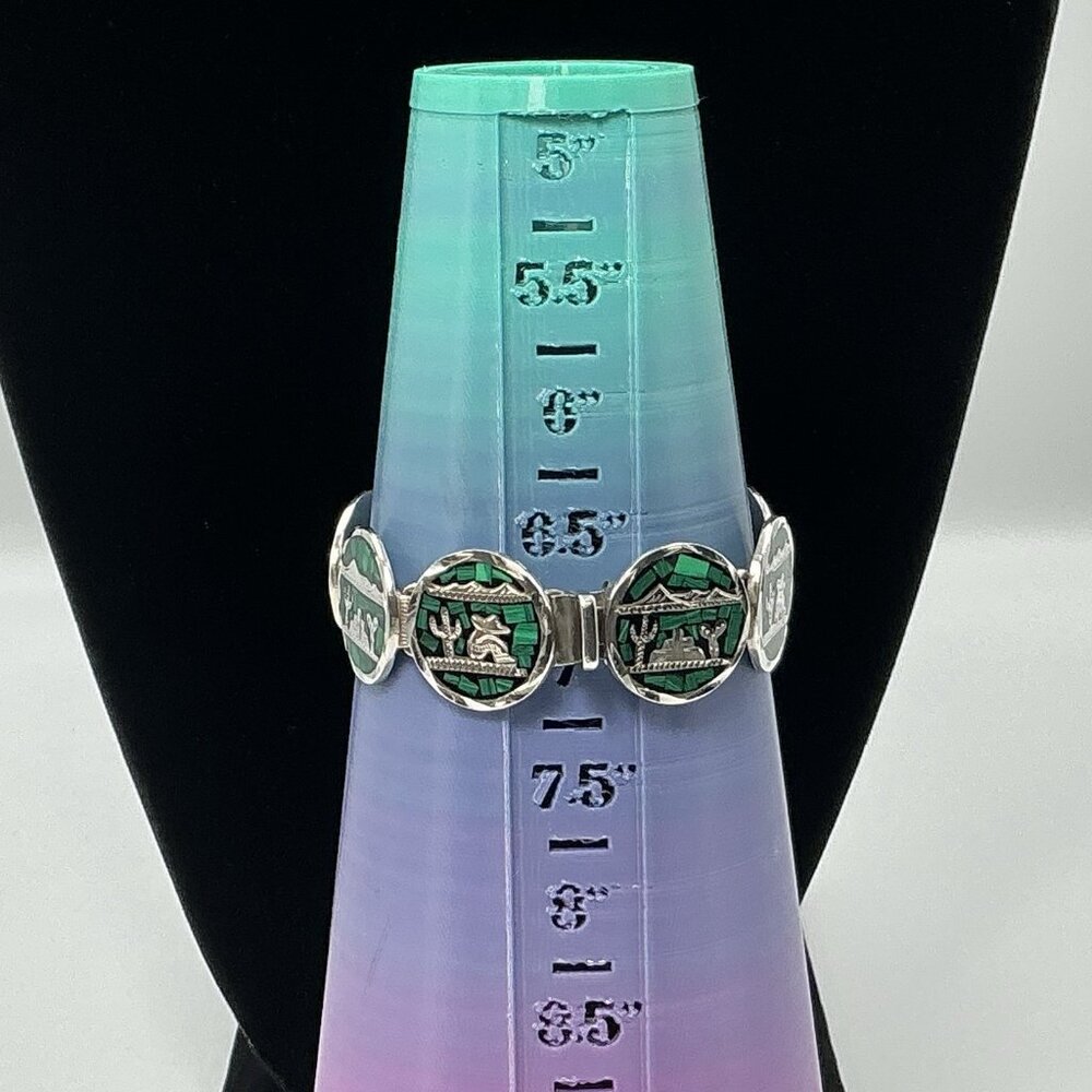 Sterling Silver Crushed Malachite Round Disc Bracelet Taxco Mexico 50.6 Grams 7” - Picture 7 of 12